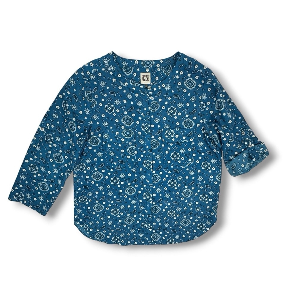 Anne Klein Bandana Paisley Floral Blouse Button Up Top Sz 10 Fiji Blue Roll Tab